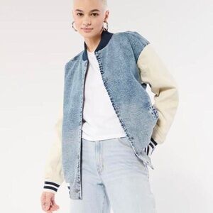 Hollister woman’s denim varsity bomber jacket size medium